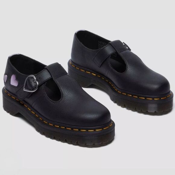 ☔️🩵NIB Dr. Martens Black w/Lavender Polley Heart Leather Mary Janes Size 8